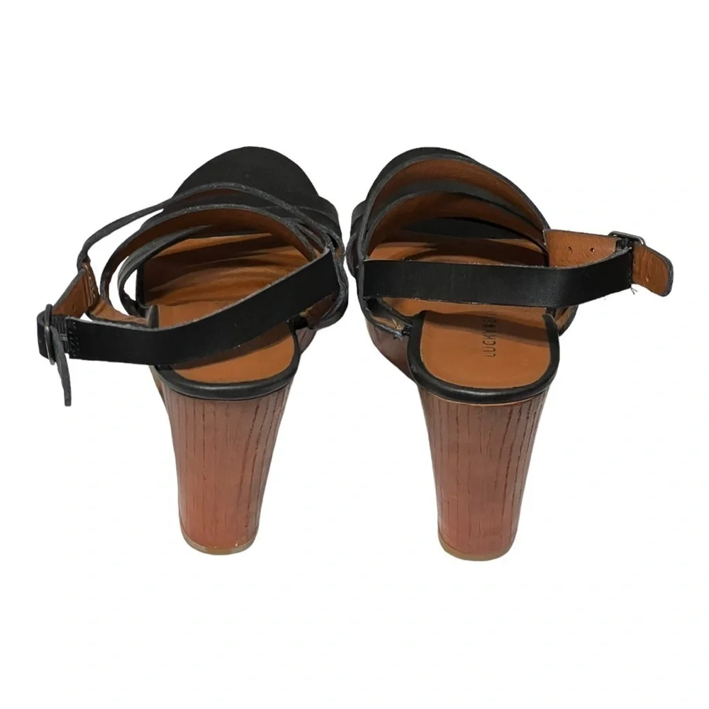 Lucky Brand Larinaa Wedge Sandals 9M Black Leather Strappy Platform Heel